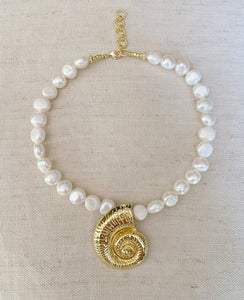 Shell Pendant on Pearl necklace